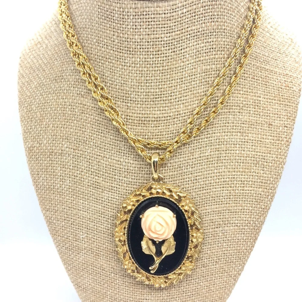 Vintage Gold and Black Necklace with Rose Pendant